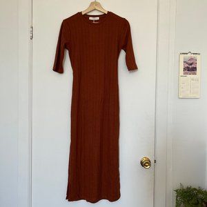 MANGO Tie-Waist Ribbed Midi Dress - Rust